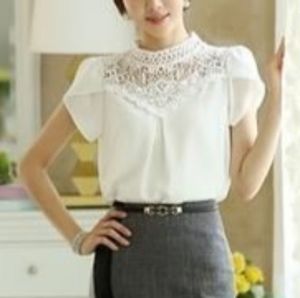 New White Chiffon Lace Yoke Blouse